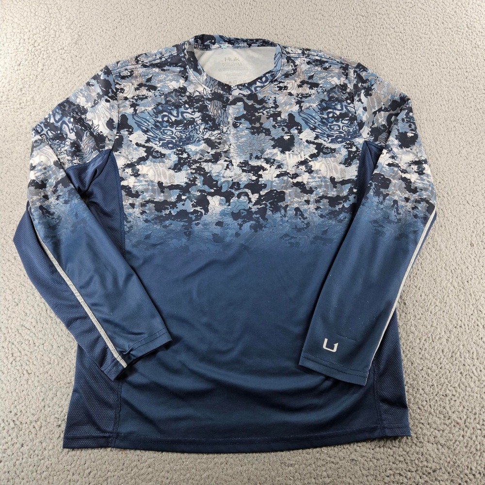 HUK Performance Fishing Shirt Mens Medium Blue Long Sleeve Camo Sun Protection